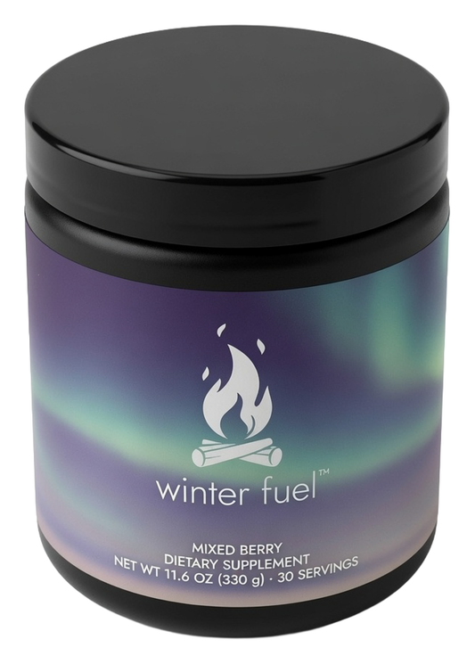 A black plastic jar of Winter Fuel dietary supplement with a black lid, featuring a purple and green aurora label with a white campfire logo and text.