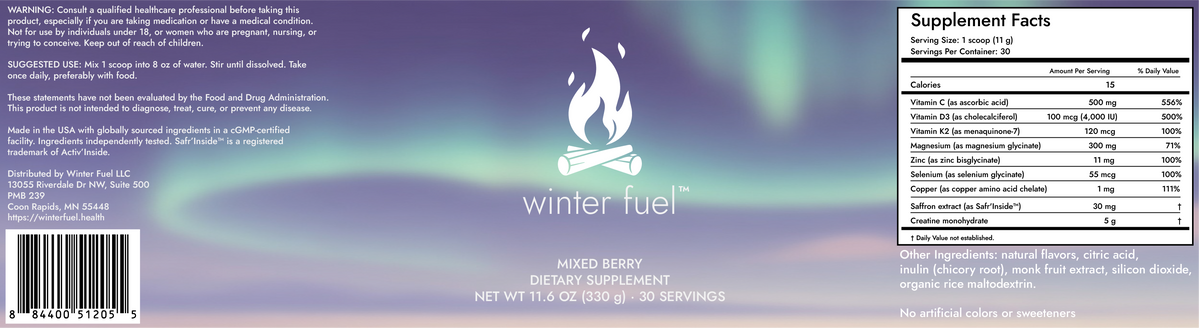 A supplement label for Winter Fuel mixed berry dietary supplement, showing the product name, ingredients, and a supplement facts panel on a purple and blue gradient background.