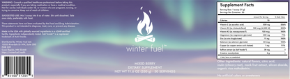 A supplement label for Winter Fuel mixed berry dietary supplement, showing the product name, ingredients, and a supplement facts panel on a purple and blue gradient background.